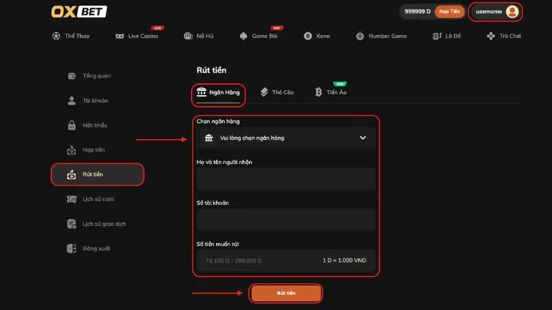 Hướng dẫn rút tiền Oxbet đơn giản